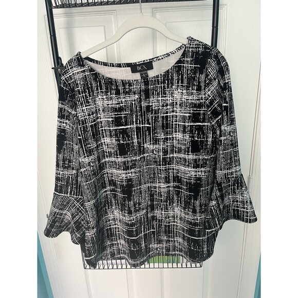 BCX Womens Flutter Sleeve Blouse Black/White Pattern Size L Lightly Worn - Picture 1 of 3